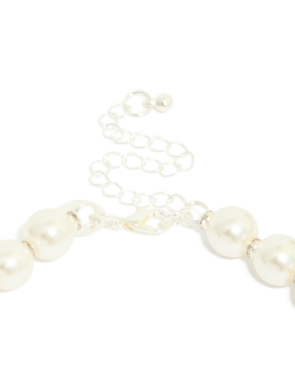 Crafted from silver plated material, this diamante and pearl necklace secures with an adjustable lobster clasp detail view