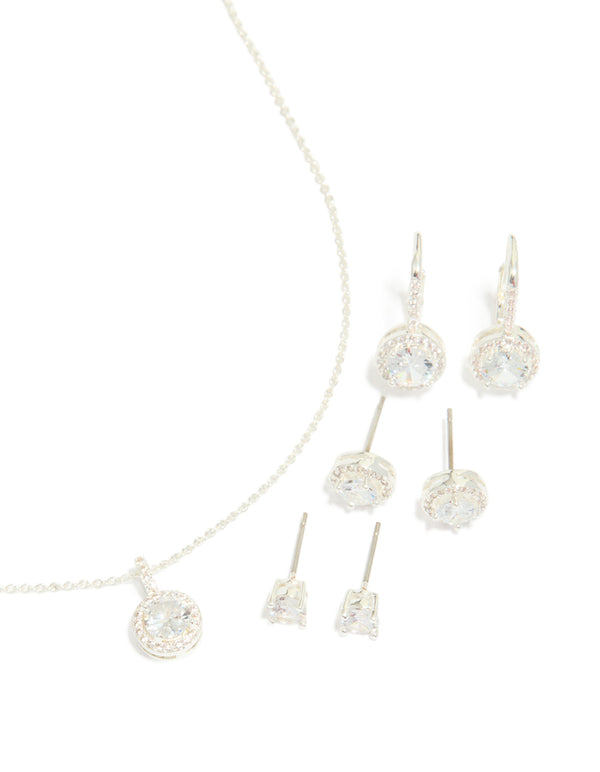 Silver Plated Cubic Zirconia Mixed Earrings & Necklace Set
