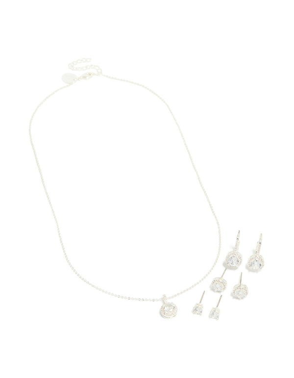 Silver Plated Cubic Zirconia Mixed Earrings & Necklace Set