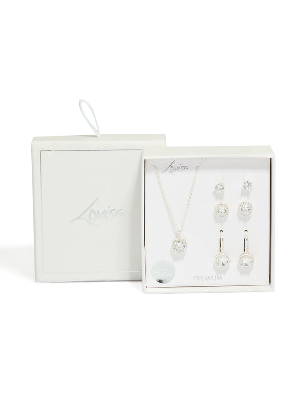 Silver Plated Cubic Zirconia Mixed Earrings & Necklace Set