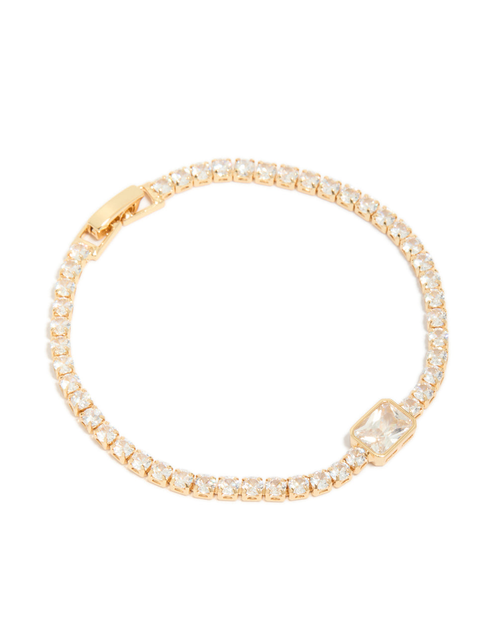 Elegant gold plated cubic zirconia rectangle tennis bracelet displayed in front view