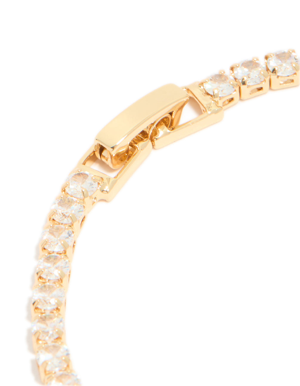 Focused perspective of gold plated cubic zirconia rectangle tennis bracelet showing clasp mechanism closure in detail view