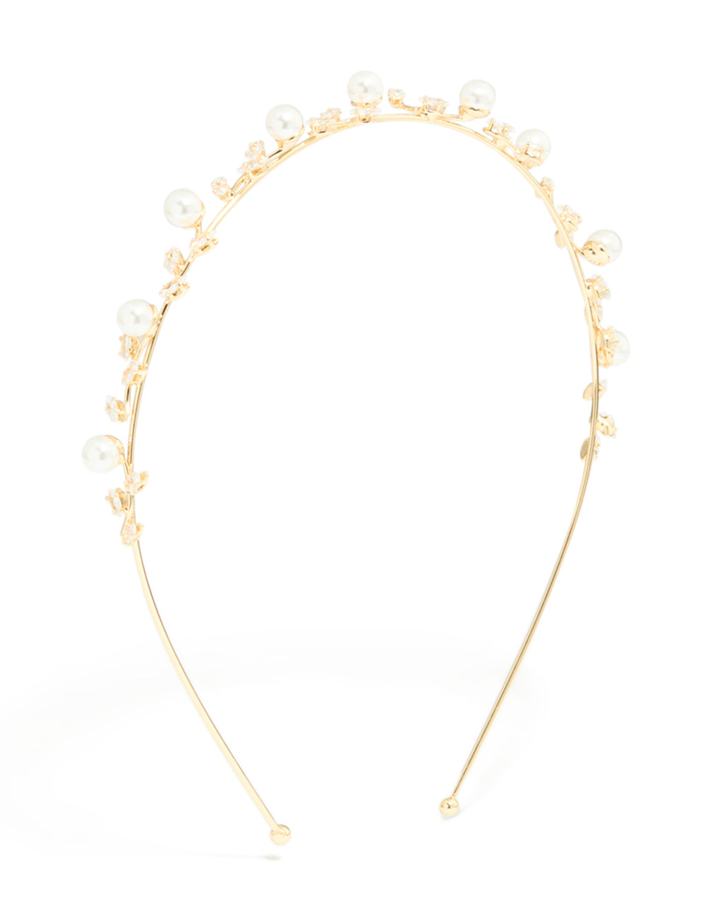 Beautifully crafted gold pearl and cubic zirconia dainty vine headband with leaf feature design front view