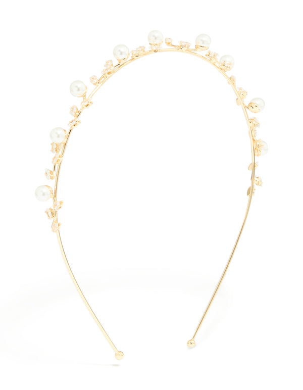 Gold Pearl & Cubic Zirconia Dainty Vine Headband