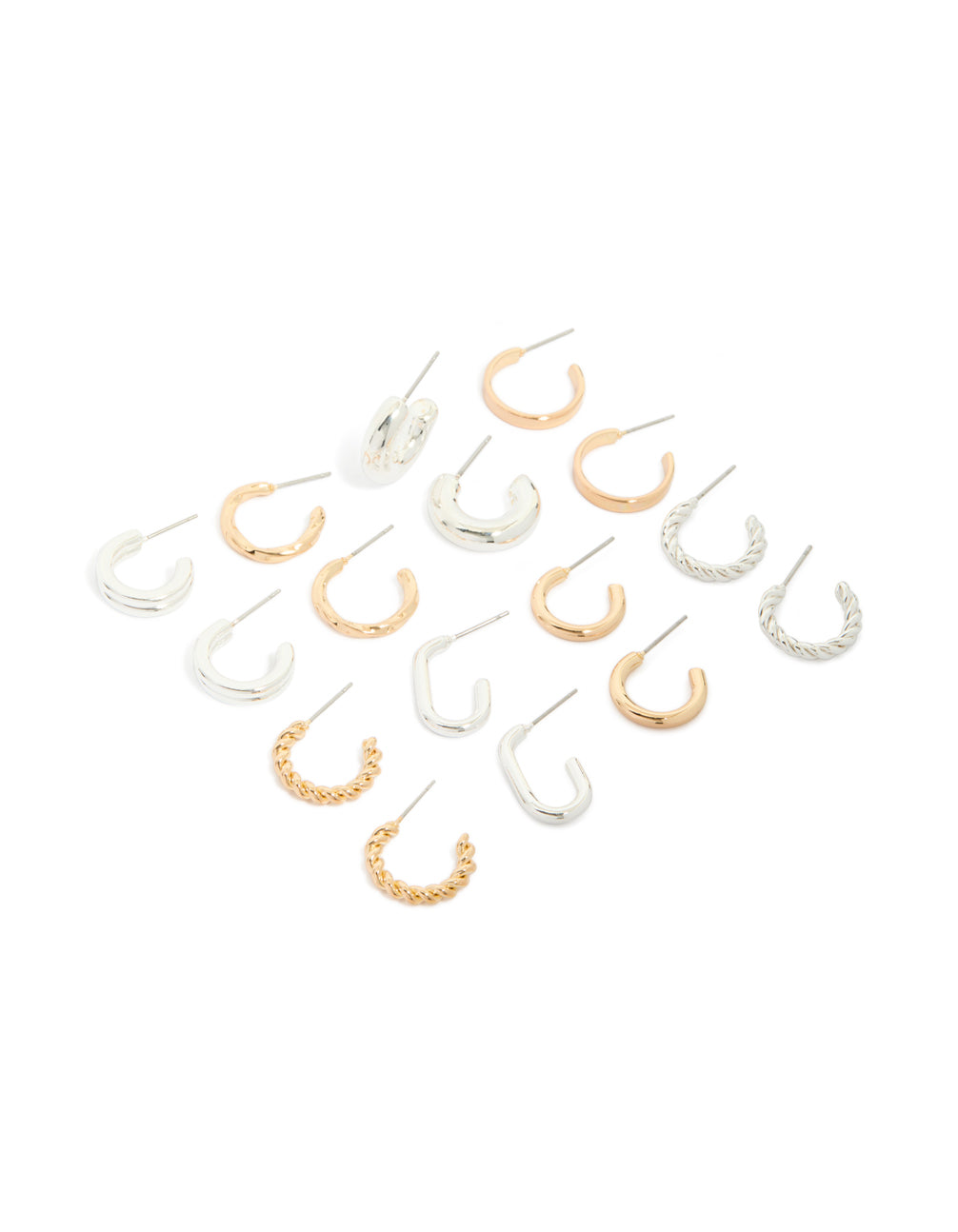 Showcasing mixed metal twisted and smooth hoop earrings in an 8-pack with gold and silver finishes front view