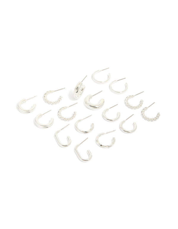 Silver Twist & Rectangle Hoop Earrings 8-Pack