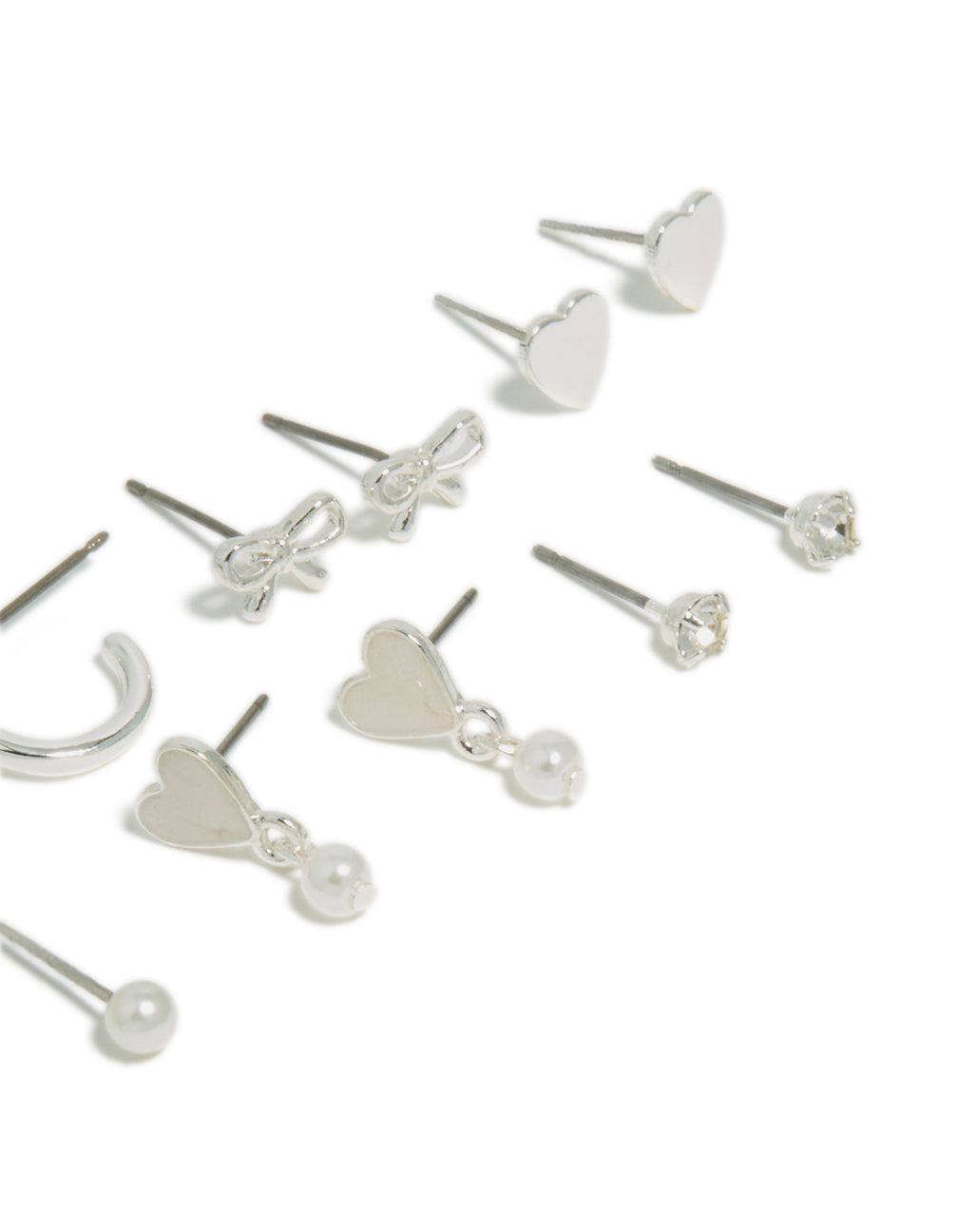 Silver Heart & Pearl Studs Earrings 7-Pack