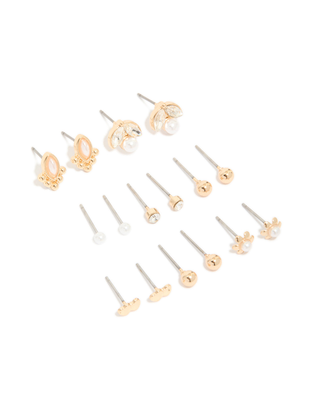 Showcasing gold diamante and pearl stud earrings in an 8-pack featuring ball and floral elements front view