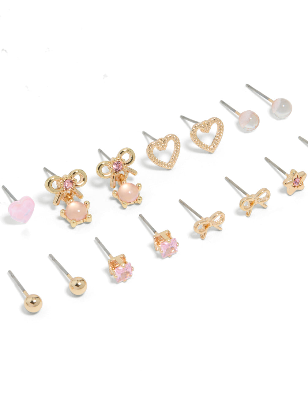 Gold Mixed Heart & Bow Diamante Earrings 8-Pack