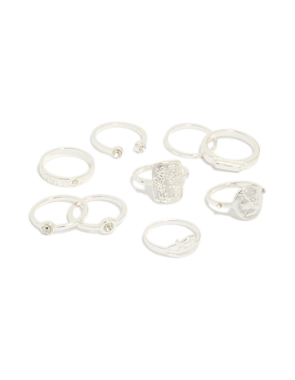 Silver Roman Numeral & Diamante Rings 9-Pack