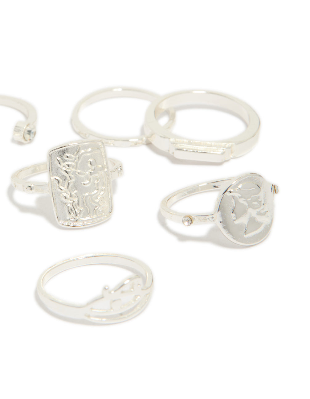 Discover silver roman numeral and diamante rings 9-pack close up view