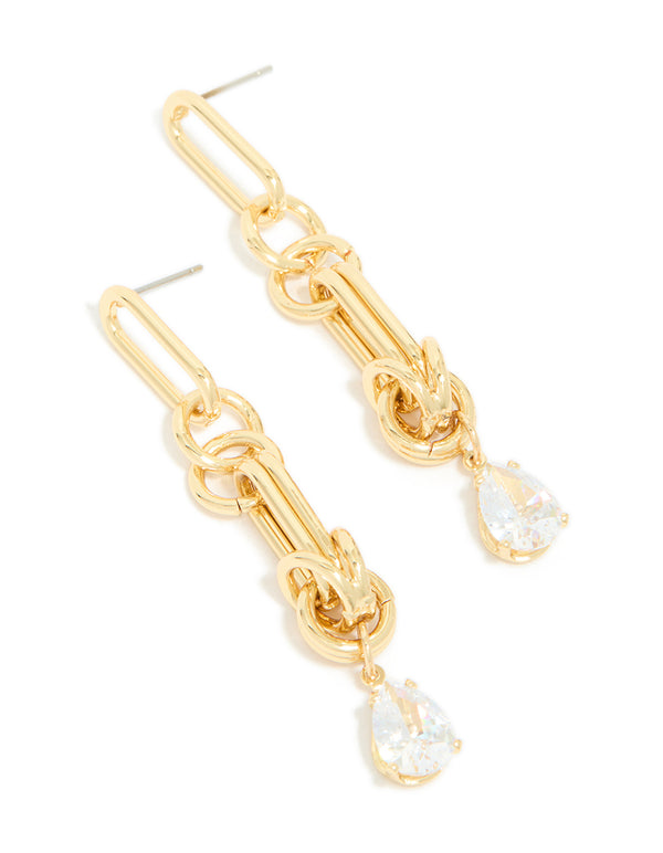 Gold Plated Cubic Zirconia & Knotted Link Drop Earrings