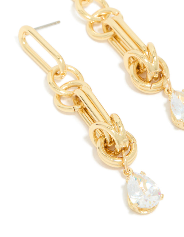 Gold Plated Cubic Zirconia & Knotted Link Drop Earrings