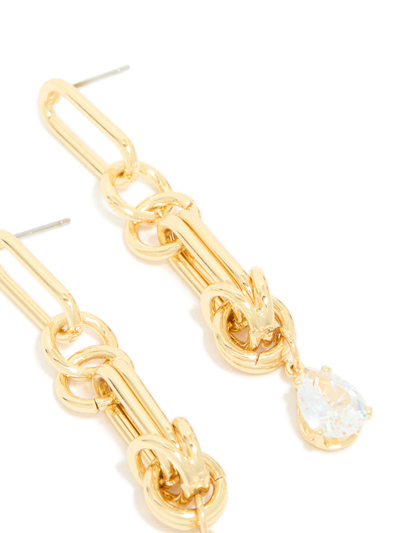 Gold Plated Cubic Zirconia & Knotted Link Drop Earrings