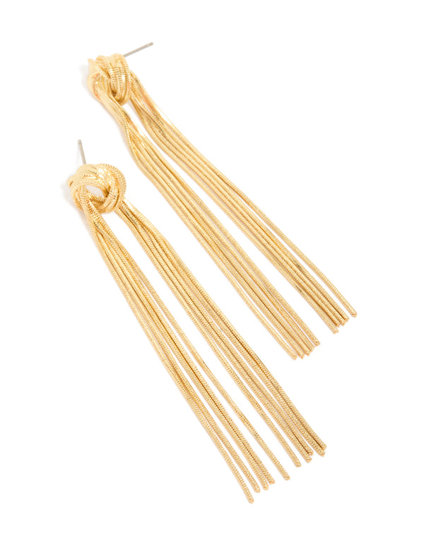 These gold plated statement fringe knot earrings front view