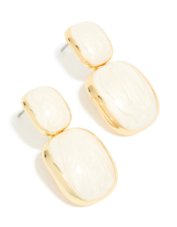 Gold Plated Cream Enamel Statement Drop Earrings