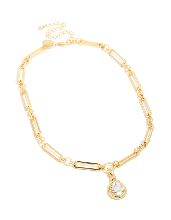Gold Plated Diamante Bezel Teardrop Chain Necklace