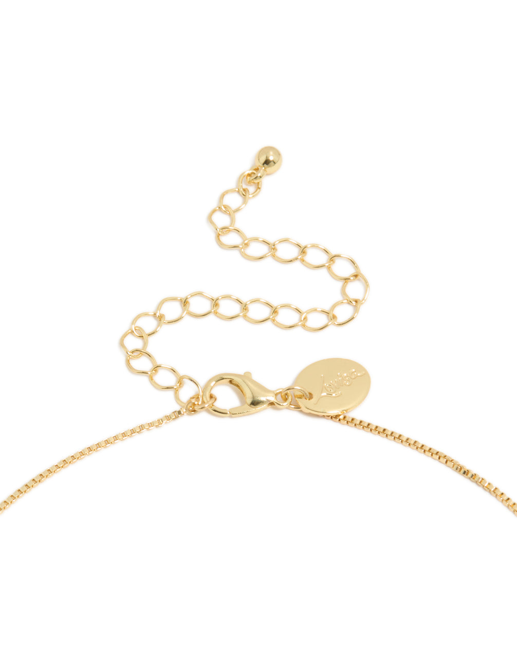 Showcasing gold plated modern organic pendant statement necklace clasp detail view