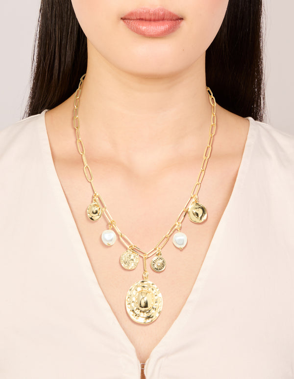 Gold Plated Statement Circle Charm Chain Necklace