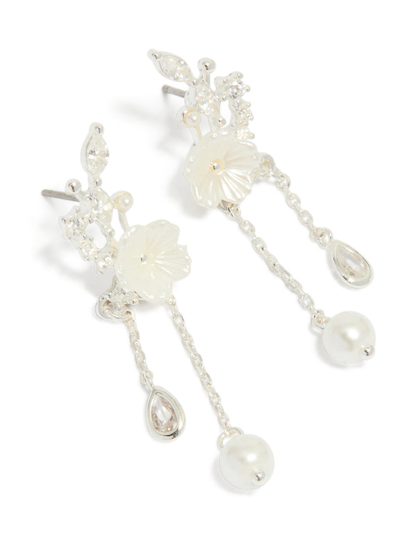 Silver Plated Cubic Zirconia Flower & Pearl Chain Drop Earrings