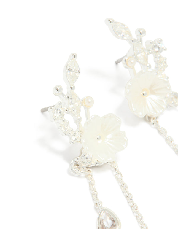 Silver Plated Cubic Zirconia Flower & Pearl Chain Drop Earrings