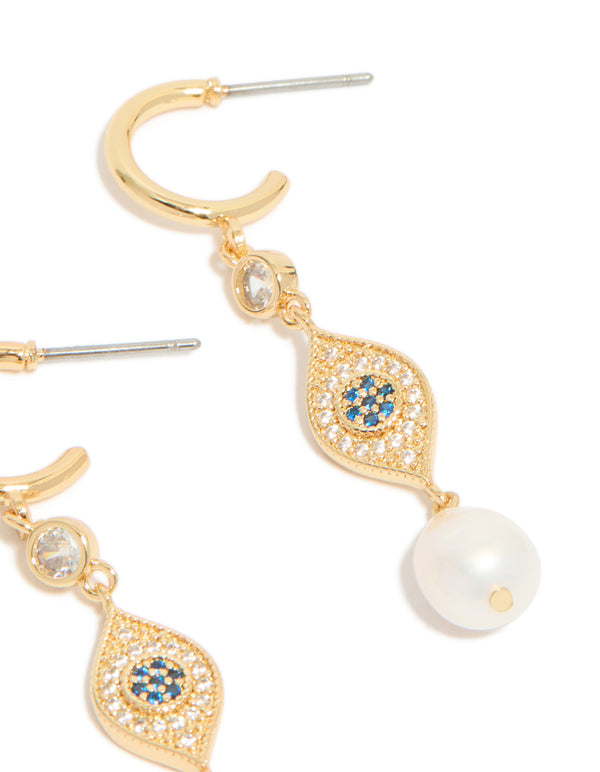 Gold Plated Cubic Zirconia Evil Eye Pearl Drop Earrings