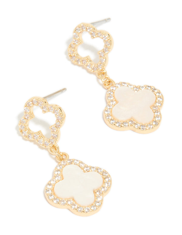 Elegant gold plated floral earrings with cubic zirconia and pink inlay detail front view