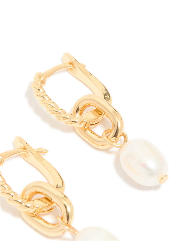 Gold Plated Textured Freshwater Pearl Drop Huggie Earrings