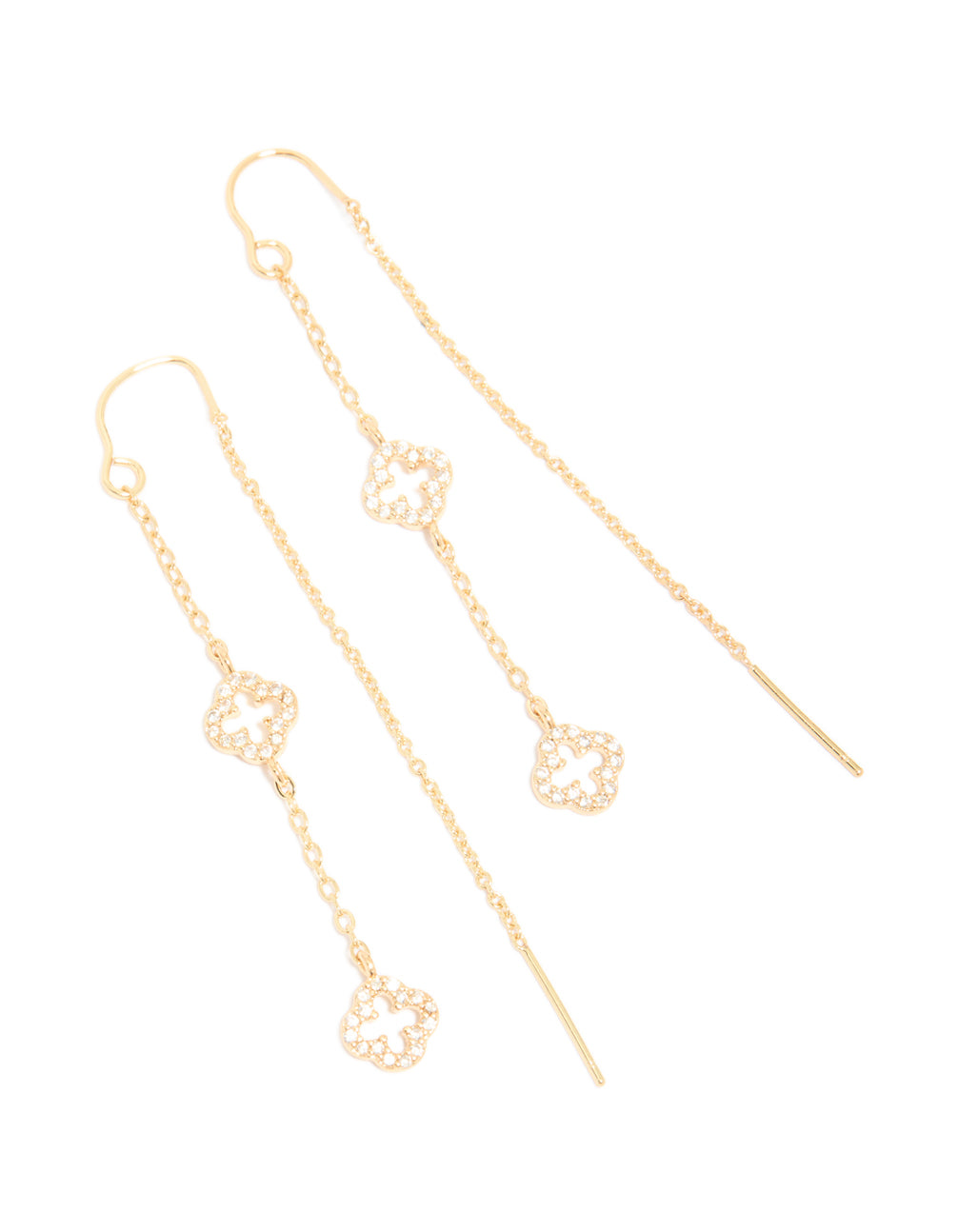 These beautiful gold plated thread through earrings feature cubic zirconia flower front view
