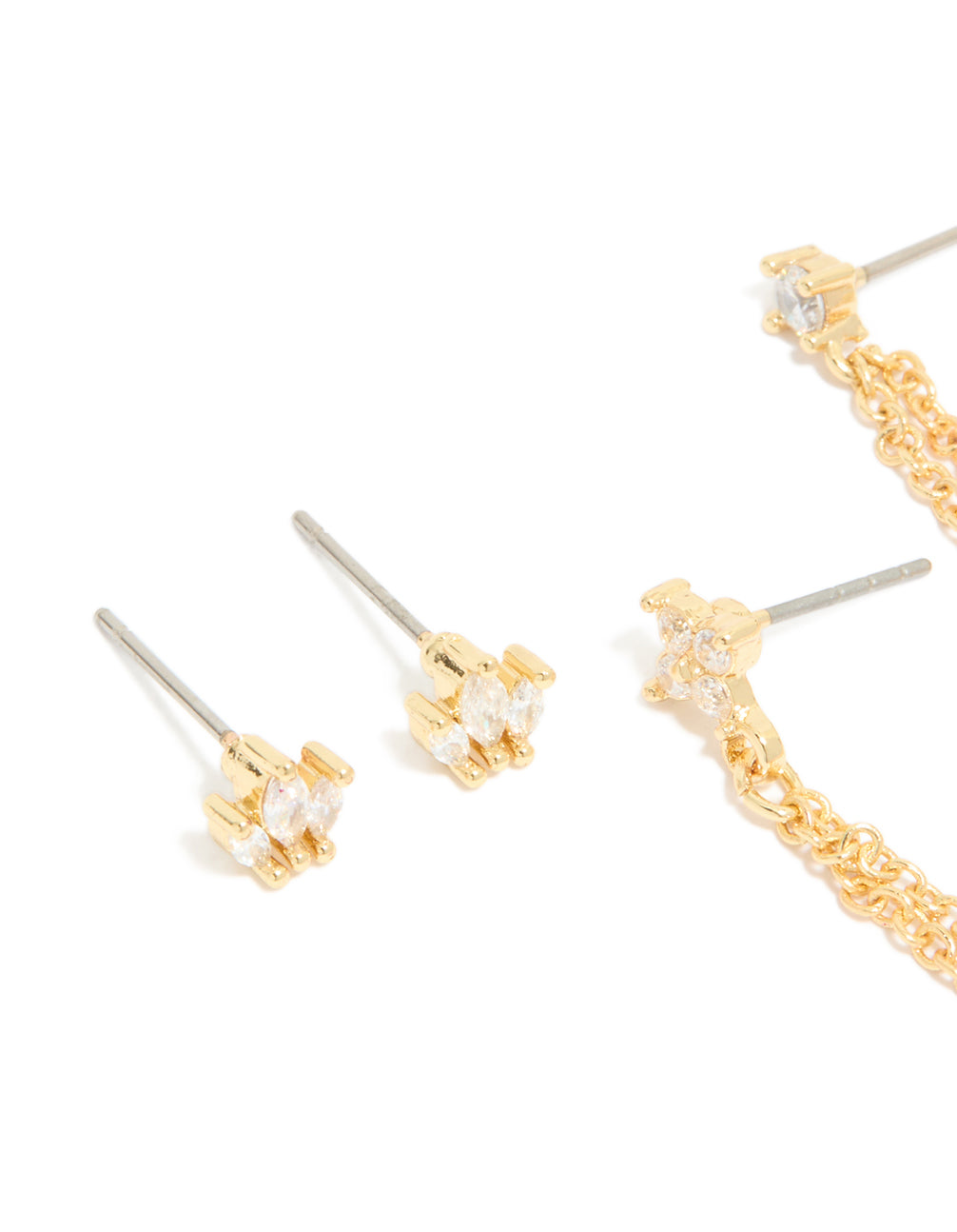 Highlighting gold plated cubic zirconia double chain and stud stacker earrings 3-pack, featuring crystal elements close up view