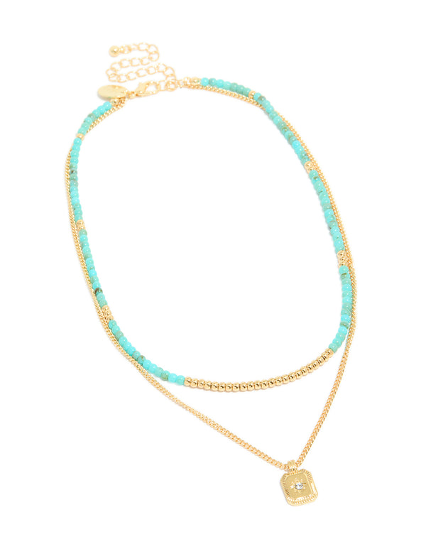 Gold Plated Blue Beaded & Celestial Pendant Layered Necklace