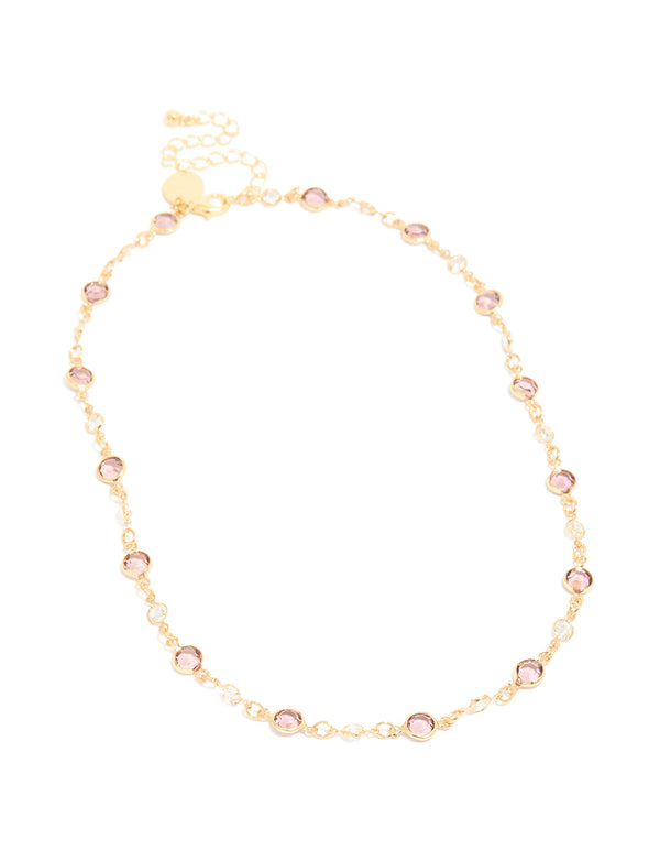 Gold Plated Pink & Clear Cubic Zirconia Station Necklace