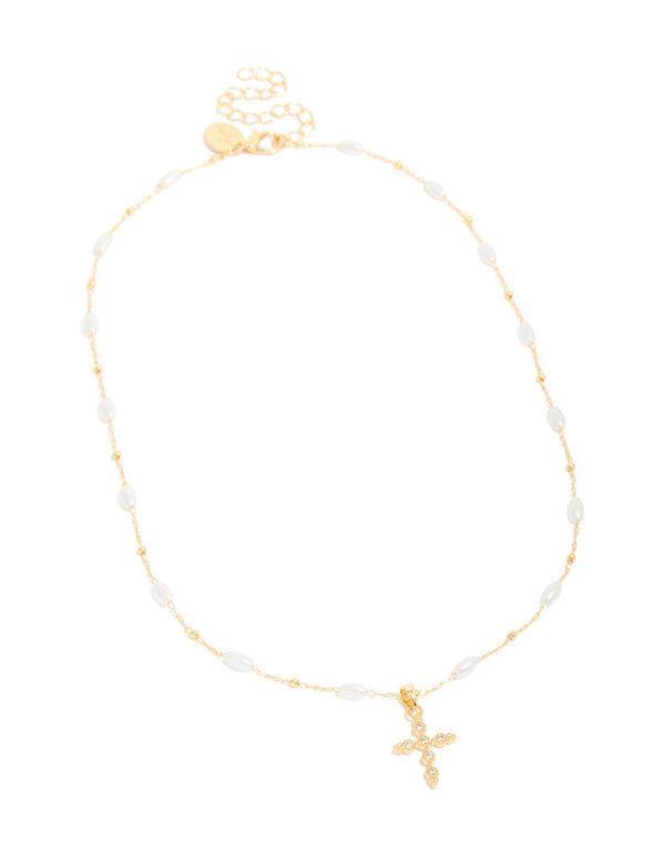 Crafted from gold plated cubic zirconia cross with pearl necklace front view