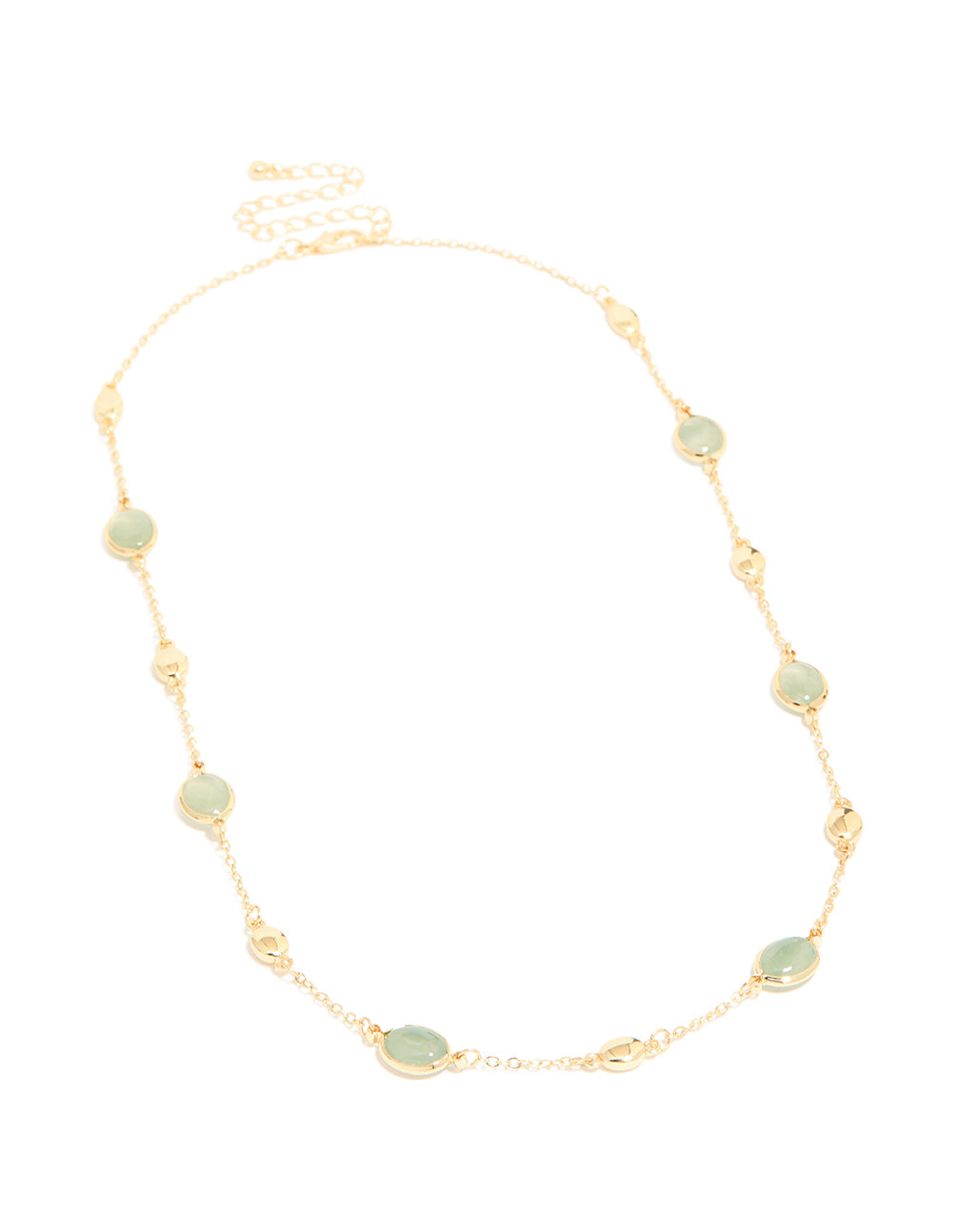 Featuring a gold plated necklace with oval stone cut pendant in statement style front view