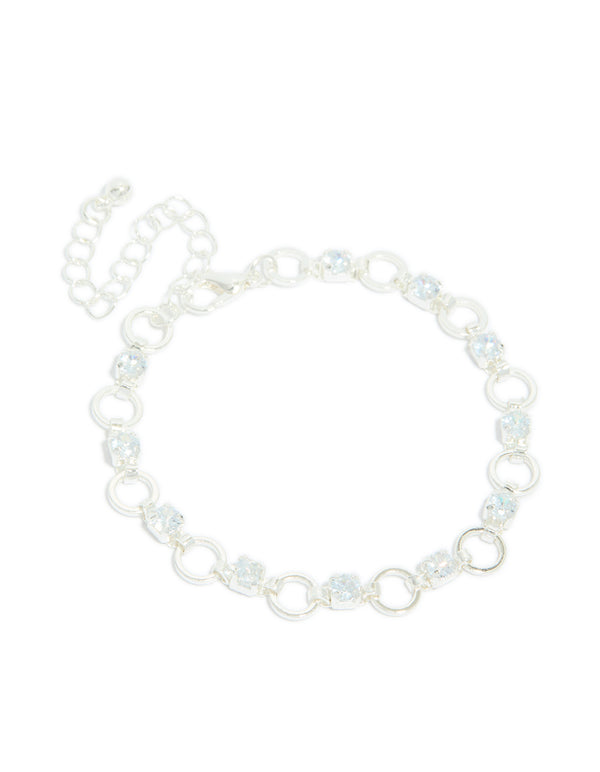 Elegant silver plated alternating cubic zirconia round link bracelet featuring round stone cut front view