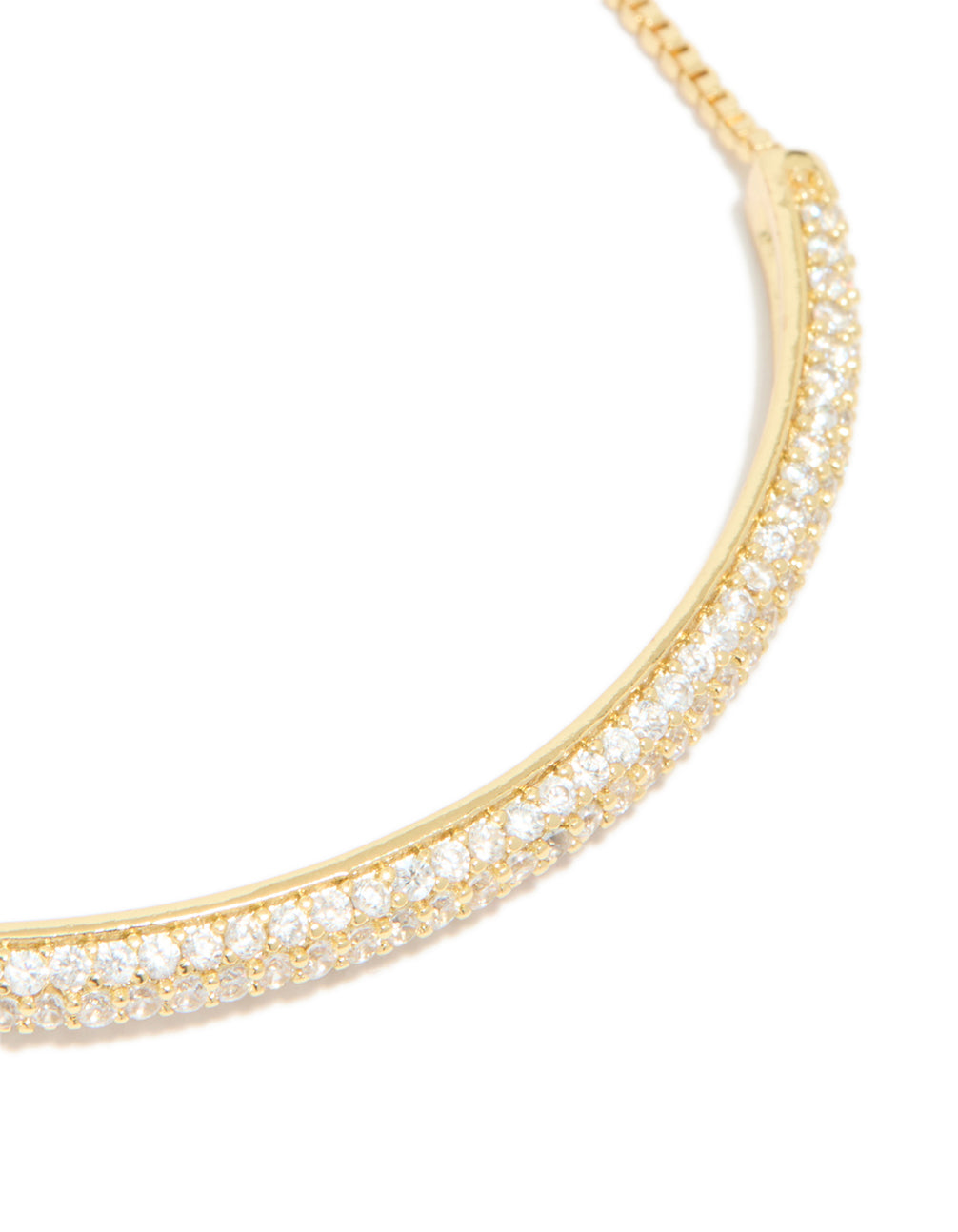 Detailed view of gold plated cubic zirconia pavé toggle bracelet close up view