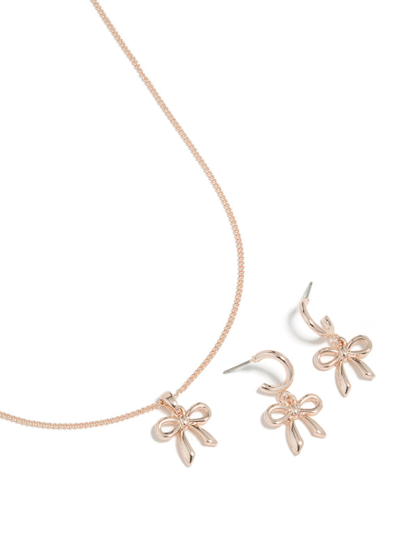 Rose Gold Bow Necklace & Huggie Earrings Set