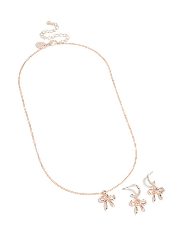 Rose Gold Bow Necklace & Huggie Earrings Set