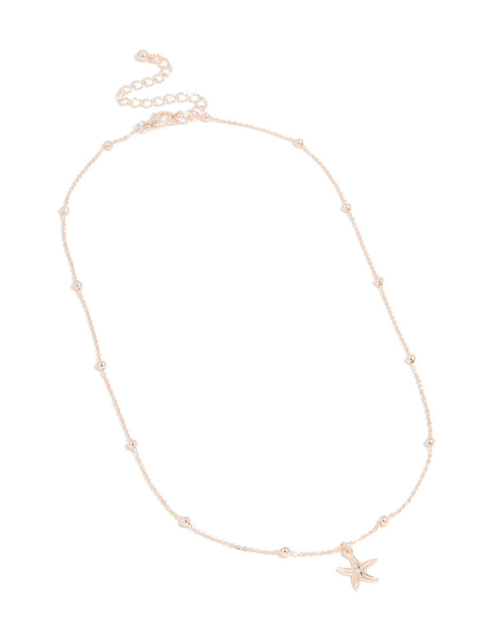 Elegantly designed rose gold starfish pendant necklace with balls and ocean theme front view