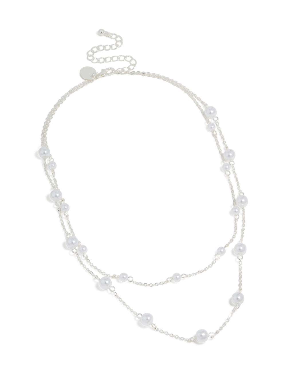 Explore this silver pearl layered necklace front view