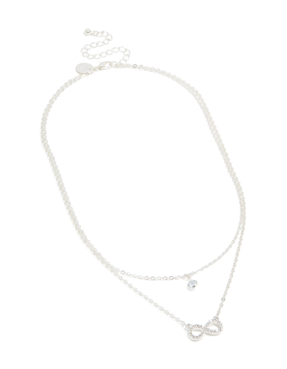 Showcasing a diamante with infinity pendant in layered silver necklace front view