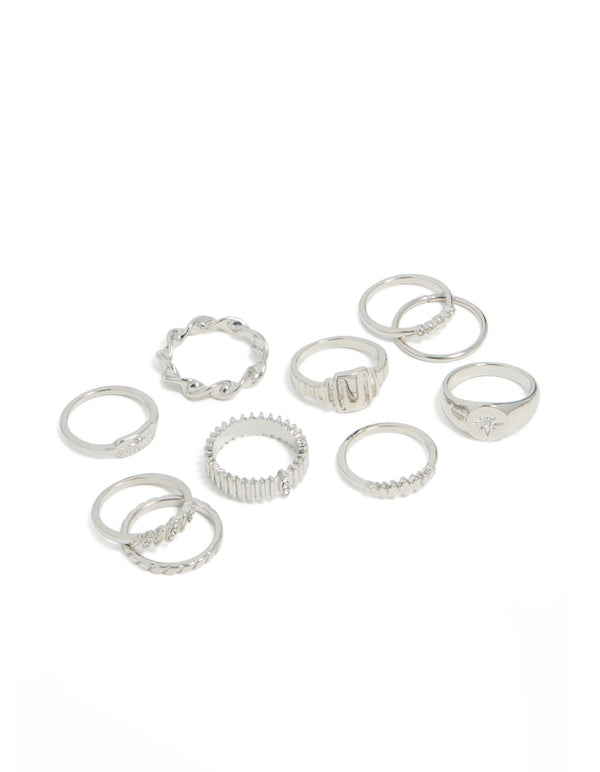 Discover silver signet ribbed and twist rings 10-pack featuring celestial star details in statement style front view