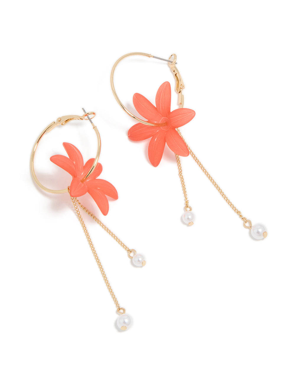 Gold Orange Flower & Pearl Chain Hoop Earrings