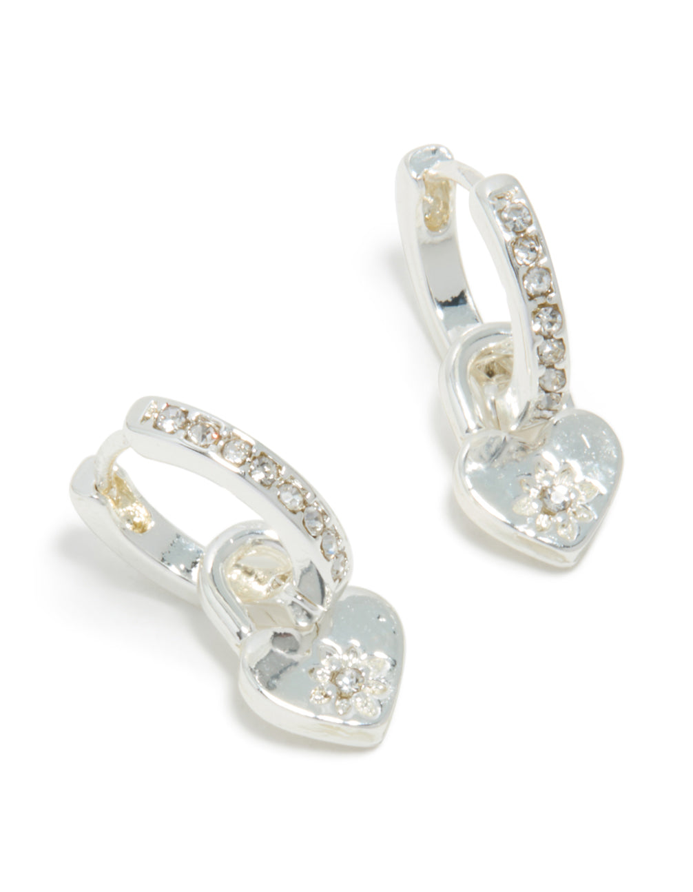 Silver Diamante Heart Drop Huggie Earrings