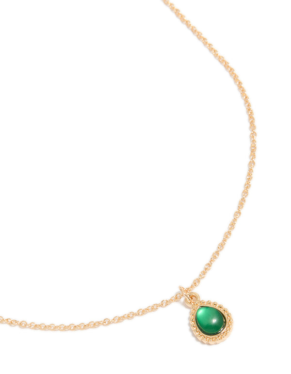 Gold Green Diamante Simple Teardrop Pendant Necklace