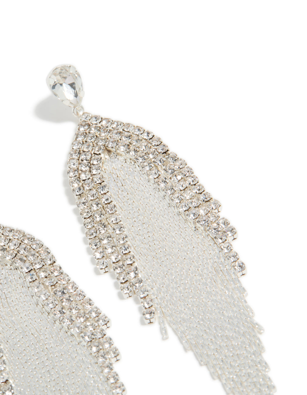Beautifully designed silver diamante dazzle chain drop earrings featuring tassel in a statement style post detail view