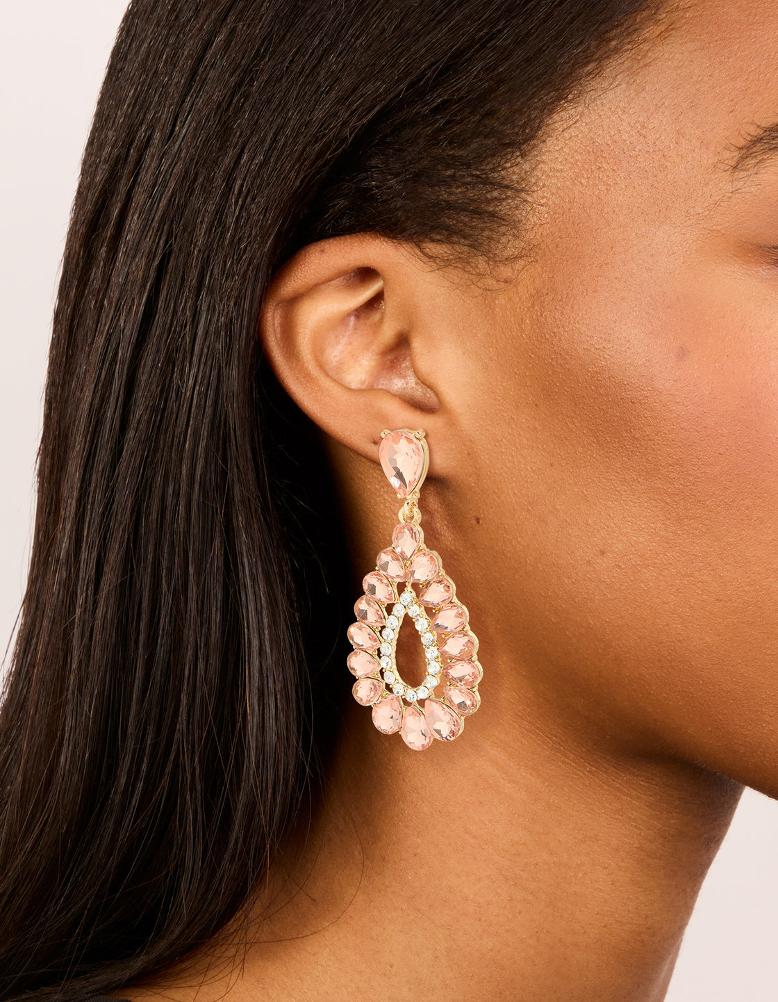 Gold Pink & Clear Diamante Elegant Pear Drop Earrings