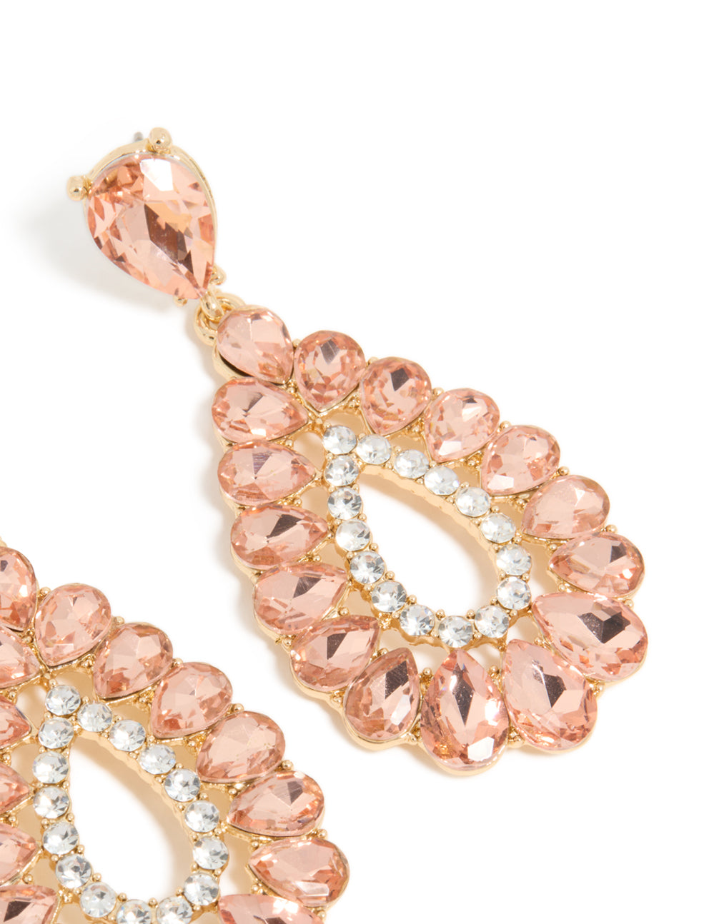 Featuring gold pink and clear diamante elegant pear drop earrings with statement style post detail view