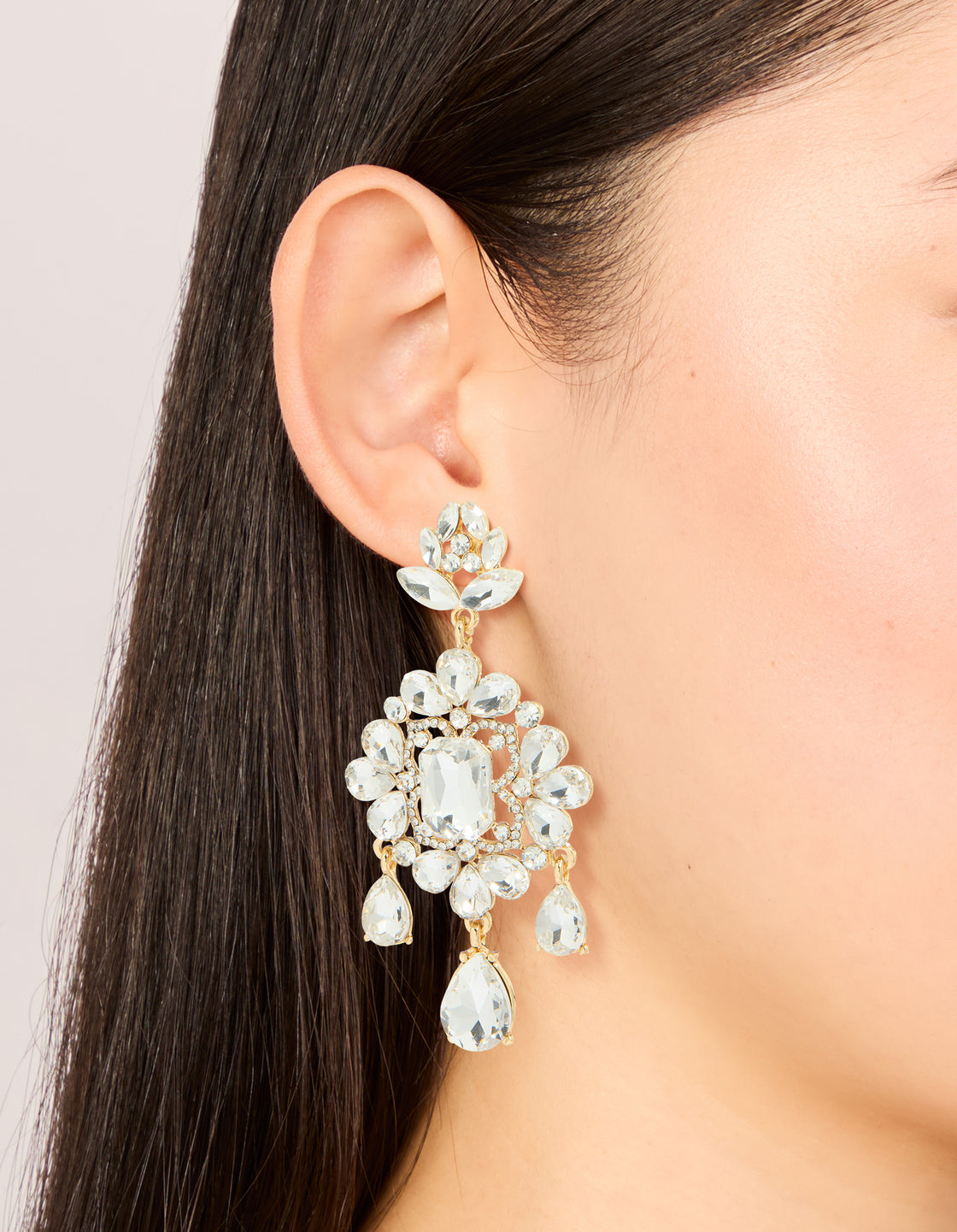 Gold Clear Diamante Square Drop Earrings