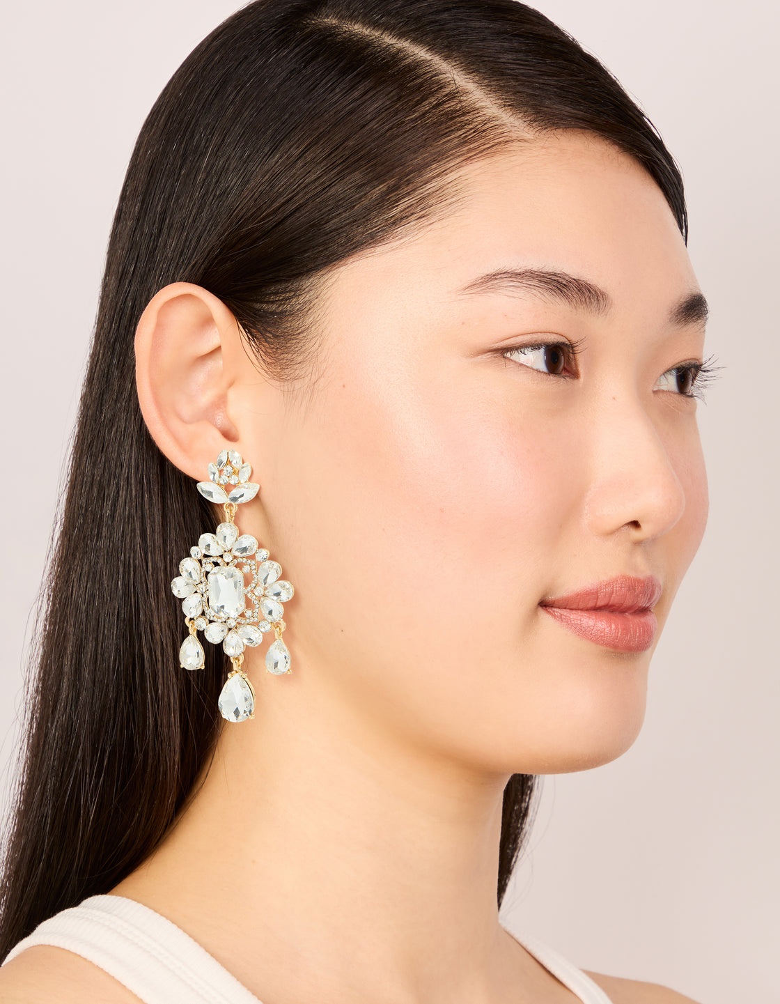Gold Clear Diamante Square Drop Earrings